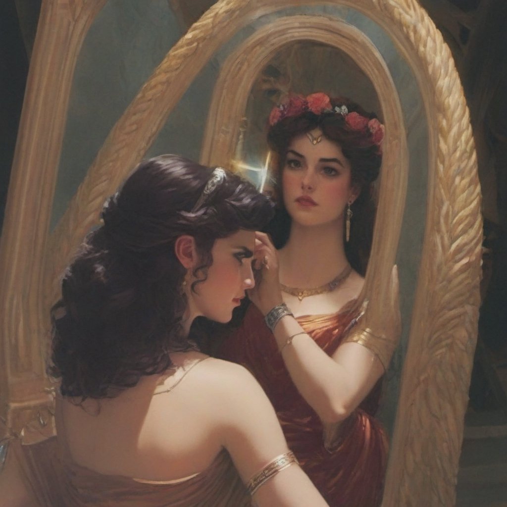 Ariadne (holds a mirror and watch her own face in the mirror:1.4) has her line cut inside the Minotaur maze:0.4, and she couldn't care less:0.2, for the only thing she wants is to admire her beautiful face and flawless skin in the pocked mirror:1.33, (holds a mirror, watches her face in the mirror):1.18, that she always brings with her. reaslitic mirror reflection of her face in accurate angle:1.22, real and reflected faces are very visible at viewer:1.15, dark fantasy, chiaroscuro but colorful, dramatic colors, mythological maze, awe and beauty, gods watch from sky, realistic holding a mirror movement, realistic admiring herself in the mirror movement, complex scene featuring Ariadne looking herself in the mirror with the minotaur maze around her and very farther the face of some powerful gods looking at her from the clouds masterpiece, ,photo r3al,Movie Still,Film Still,ColorART,Cinematic,Cinematic Shot,Cinematic Lighting,colorful