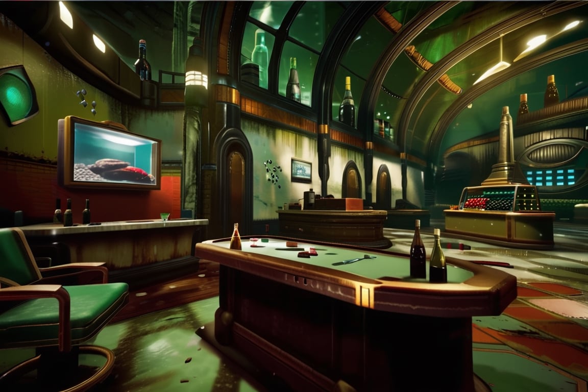  a man trying to break an machine handing on the wall:1.4, a broken bottle of wine and a remote control on a table , weapon, indoors, gun, table, bottle, scenery , syringes over the table, cinematic from Bioshock game series, art deco, seedy, submarine, Rapture, 