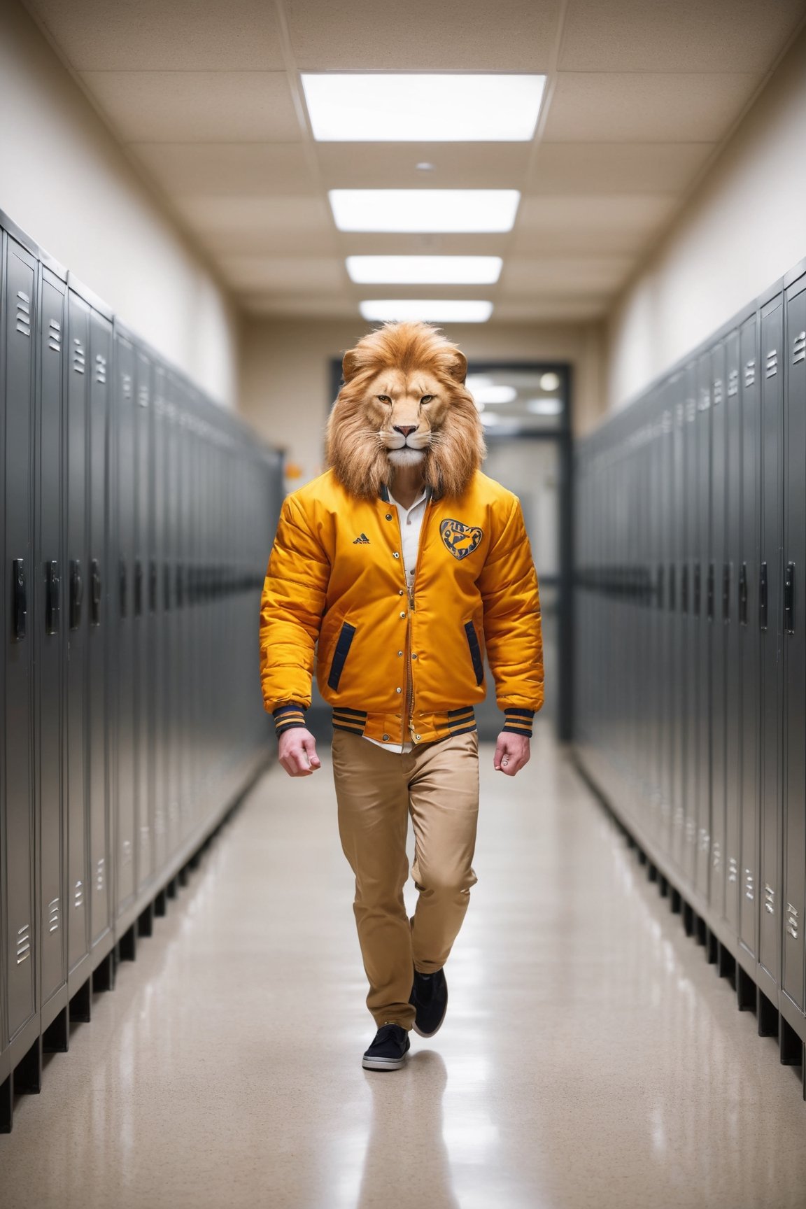 Top Anthro-Lionman wearing male college jacket clothes walking in the lockerroom corridor, human love him, best quality, creative, best handsome cute lion, best lion anatomy, very well formed pawns and tail and mane, very symmetric male lion head, ultra resolution, very detailed, real life, new, newest, fun, 🦁 composition, we love 🦁, roar!, meow!