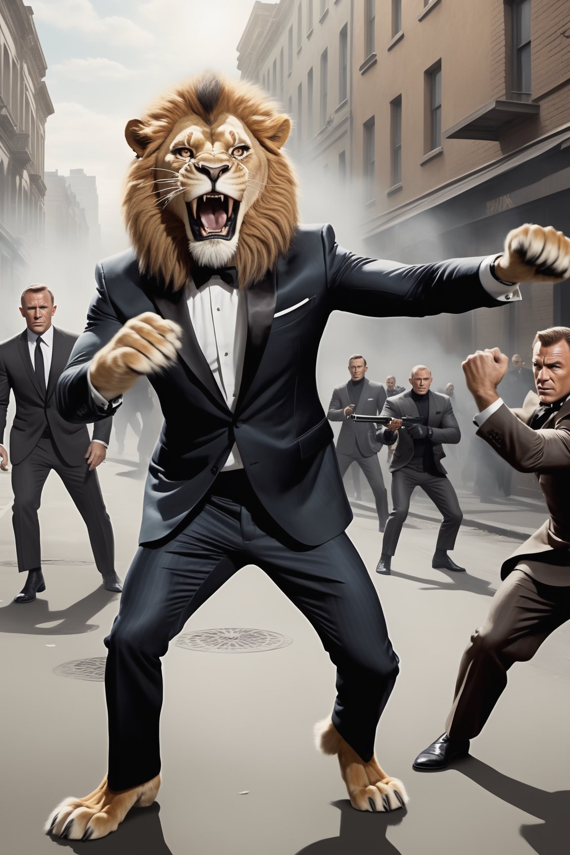 3d Anthro Lion Man wearing James Bond outfit fighting thugs, realistic fur, realistic lion paws and tail movement, James Bond 007 movie style, high action scene, very cinematic, grafitti on a very busy urban street, bright day, ,Movie Still,greg rutkowski,Film Still