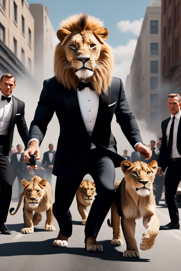 3d Anthro Lion Man wearing "James Bond tuxedo" fighting thugs, realistic fur, realistic lion paws and tail movement, James Bond 007 movie style, high action scene, very cinematic, grafitti on a very busy urban street, bright day, ,Movie Still,greg rutkowski,Film Still