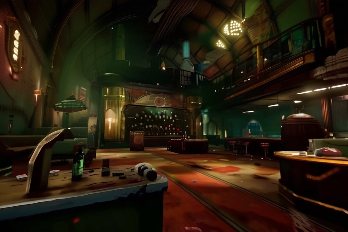  a man trying to break an machine handing on the wall:1.4, a broken bottle of wine and a remote control on a table , weapon, indoors, gun, table, bottle, scenery , syringes over the table, cinematic from Bioshock game series, art deco, seedy, submarine, Rapture, 