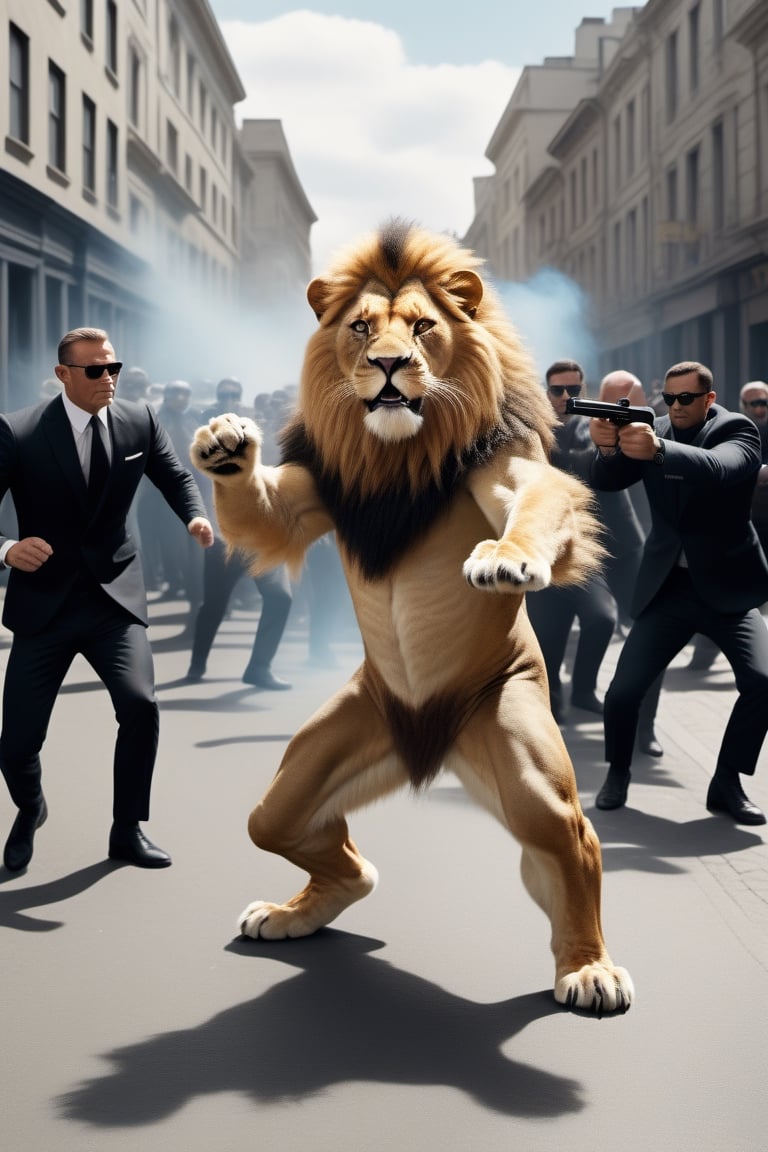 3d Anthro Lion Man wearing James Bond outfit fighting thugs, realistic fur, realistic lion paws and tail movement, James Bond 007 movie style, high action scene, very cinematic, grafitti on a very busy urban street, bright day, ,Movie Still,greg rutkowski,Film Still