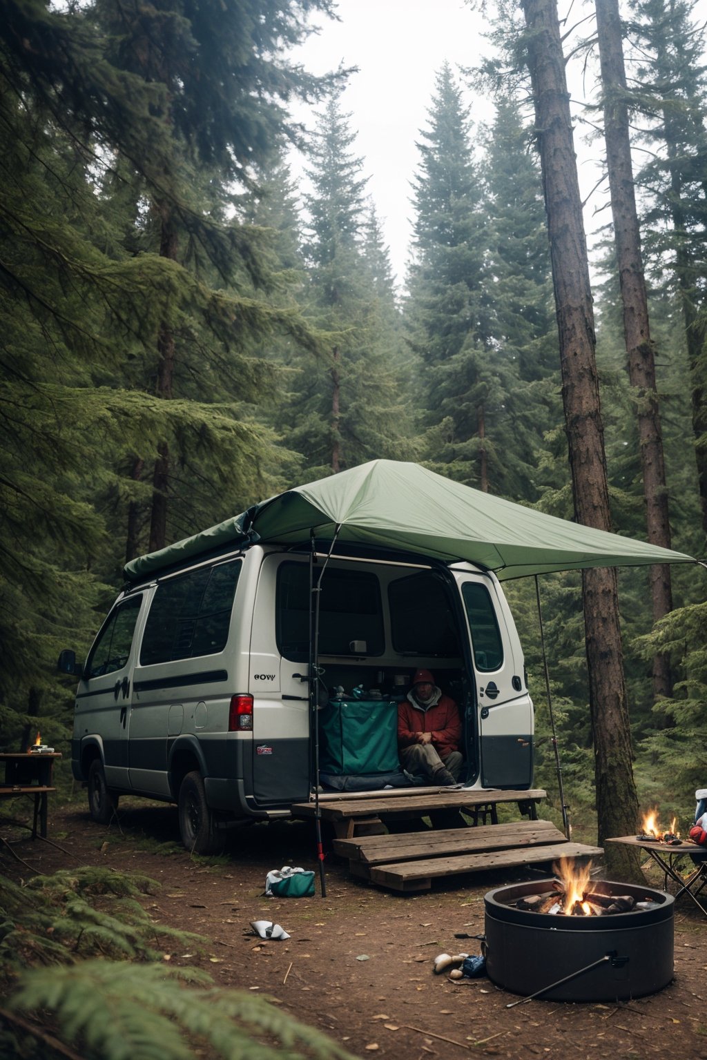 Man Camping in the deep forest, with her Volkwogan van, 