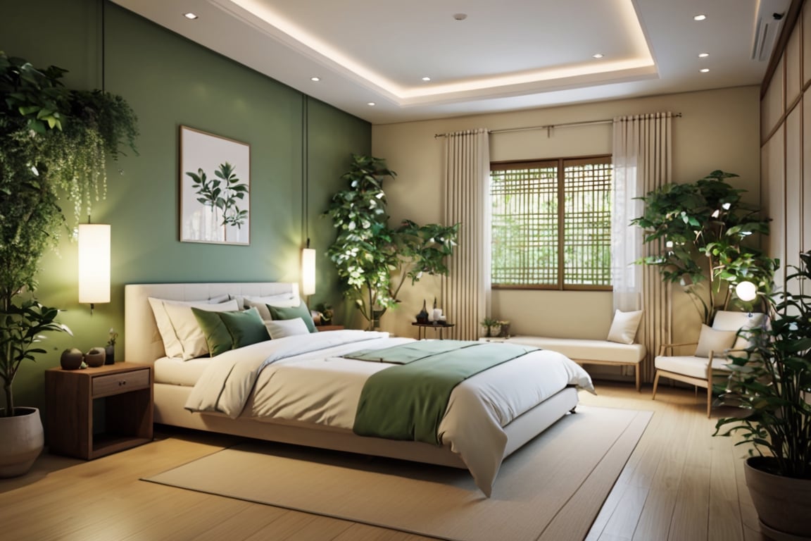 Small Bedroom, 2 walls sage green, 2 walls white color , aesthetic patternin the walls, beige color bed, 5 elegantes plants.,JMF,jyutaku,ryokan, elegant LEDs on the roof.
