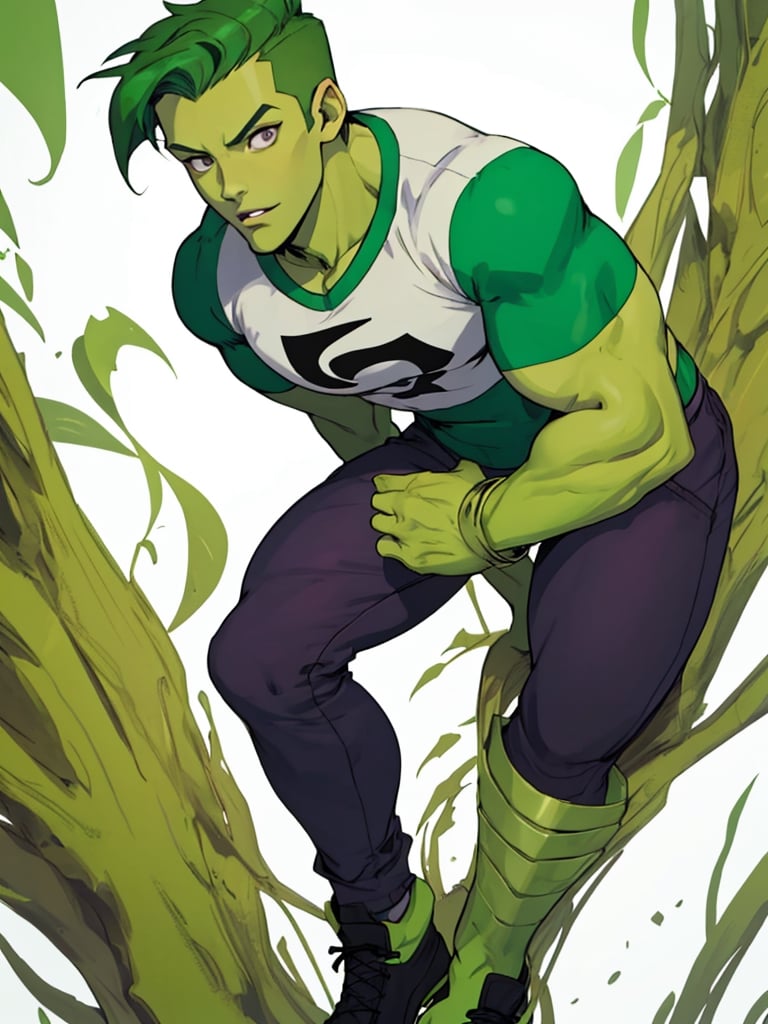 Beast-boy from teen titans, green skin, green hair, green arms, green legs, green face, green hands, black pants, blank and purple t-shirt. young man, 1 person 