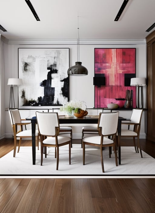 Dining room, modern black and white mat under the table, large rectangle wooden table, six high back elegant chairs,  ((same chairs)), 4 led lights on roof,art_deco_fusion, elegant pictures on the wall,interior, pearly color walls. vibrant colors