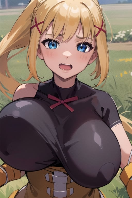 Lalatina / Darkness, blonde hair, ponytail, x hair ornament,blue eyes, extremely detailed face, perfect lighting, extremely detailed CG, (perfect hands, perfect anatomy), busty, running, Green field



