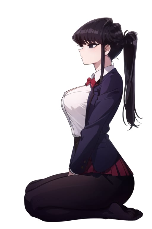 Shoko Komi, (Black hair, long loose hair, black hair, bangs:1.2), (Black eyes, shiny black eyes:1.3), extremely detailed face, perfect lighting, extremely detailed CG, (perfect hands, perfect anatomy), busty, school uniform, sitting, without shoes, 




