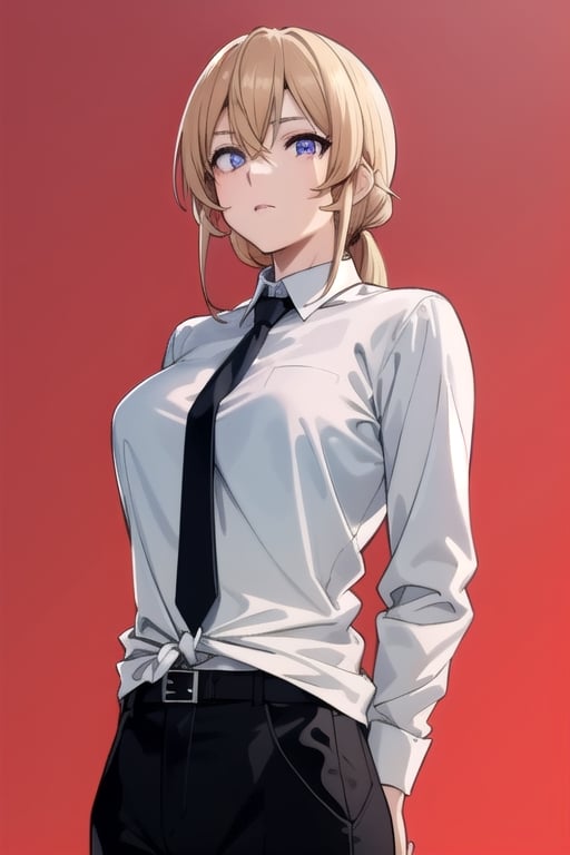 Nakiri erina, purple eyes, blond hair, best quality, high resolution, unity 8k wallpaper, (illustration:0.8), (beautiful detailed eyes:1.6), extremely detailed face, perfect lighting, extremely detailed CG, (perfect hands, perfect anatomy), only one person, tied hair, busty, white long sleeve suit shirt, black plain tie, black suit pants, 