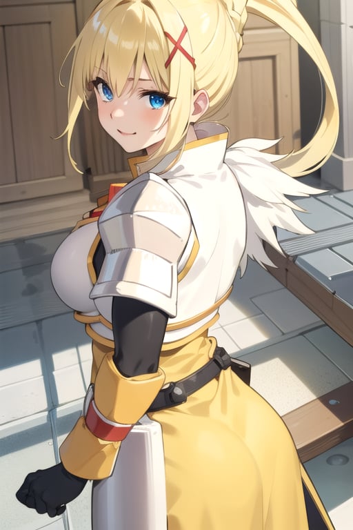 Lalatina / Darkness, blonde hair, ponytail, x hair ornament,blue eyes, extremely detailed face, perfect lighting, extremely detailed CG, (perfect hands, perfect anatomy), busty, armor, happy











