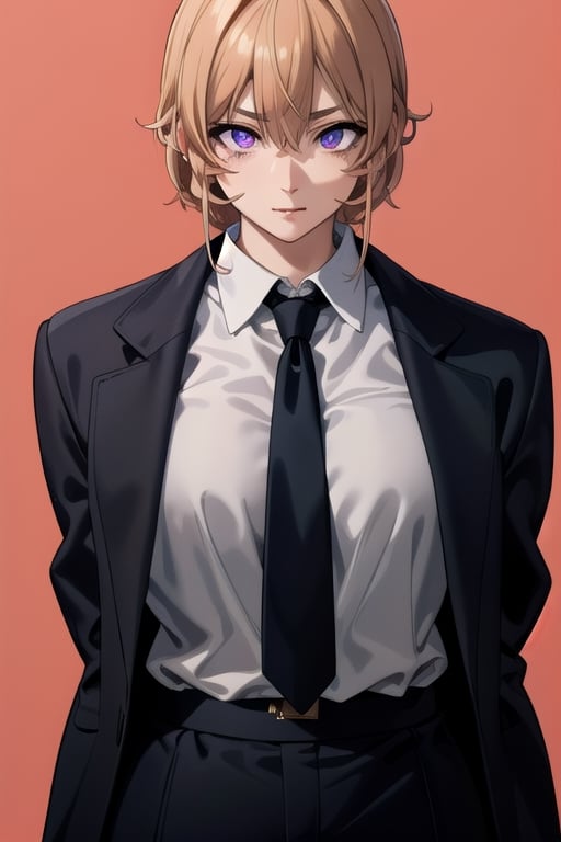 Nakiri erina, purple eyes, blond hair, best quality, high resolution, unity 8k wallpaper, (illustration:0.8), (beautiful detailed eyes:1.6), extremely detailed face, perfect lighting, extremely detailed CG, (perfect hands, perfect anatomy), only one person, tied hair, black tie, busty, Closed mouth, purple eyes,