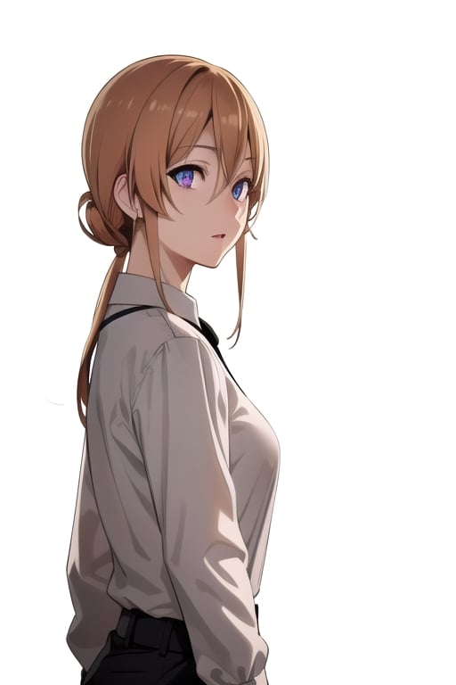 Nakiri erina, purple eyes, blond hair, best quality, high resolution, unity 8k wallpaper, (illustration:0.8), (beautiful detailed eyes:1.6), extremely detailed face, perfect lighting, extremely detailed CG, (perfect hands, perfect anatomy), only one person, hair tied like a ponytail, big tits, black tie, black background, huge tits