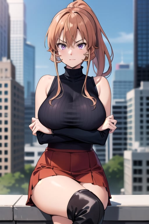 nakiri erina, red medium skirt, tall black boots, , perfect hands, violet eyes, , big tits, big_boobies, huge breasts, big breasts, Black high turtleneck sleeveless wool sweatshirt, hands holding his chest, ponytail hairstyle, crossed arms, She is sitting cross-legged., covered breasts, 
luxurious room