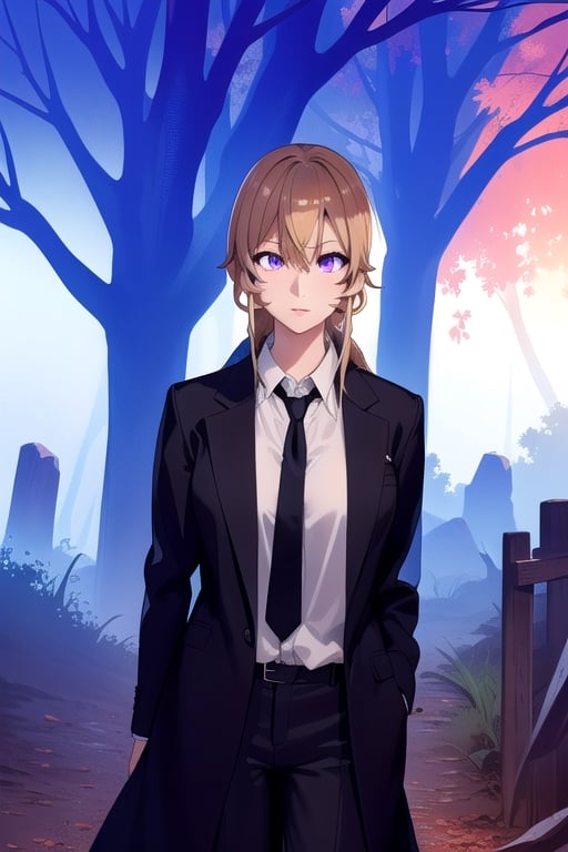 Nakiri erina, purple eyes, blond hair, best quality, high resolution, unity 8k wallpaper, (illustration:0.8), (beautiful detailed eyes:1.6), extremely detailed face, perfect lighting, extremely detailed CG, (perfect hands, perfect anatomy), only one person, tied hair, busty, white long sleeve suit shirt, black plain tie, black suit pants, black jacket, background forest