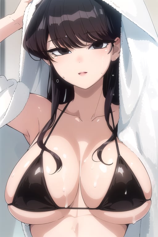 Shoko Komi, (Black hair, long loose hair, black hair, bangs:1.2), (Black eyes, shiny black eyes:1.3), extremely detailed face, perfect lighting, extremely detailed CG, (perfect hands, perfect anatomy), busty, towel on head, wet, happy face








