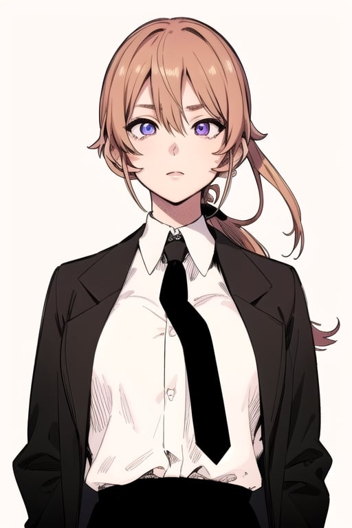 Nakiri erina, purple eyes, blond hair, best quality, high resolution, unity 8k wallpaper, (illustration:0.8), (beautiful detailed eyes:1.6), extremely detailed face, perfect lighting, extremely detailed CG, (perfect hands, perfect anatomy), only one person, tied hair, black tie