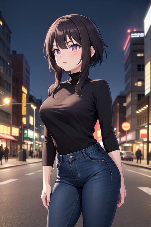 Megumin , short hair, short hair with long locks, crimson eyes, best quality, high resolution, unity 8k wallpaper, (illustration:0.8), (beautiful detailed eyes:1.6), extremely detailed face, perfect lighting, extremely detailed CG, (perfect hands, perfect anatomy), only one person, busty, at night, on a city street, black turtleneck t-shirt, city ​​at night, arms behind the back, absolutely black jeans