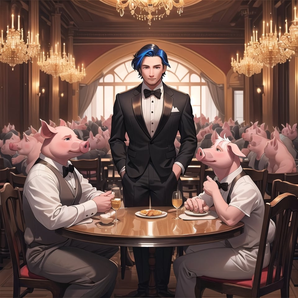 ((masterpiece, best quality, ultra detailed)), (shiny hair:1.4),(detailed description, beautiful, delicate detail,), A man wearing a tuxedo with accessories in the shape of a pig's head, the background is a party venue, the atmosphere is gorgeous,many pigs sitting on chair they waiting for dinner,best quality