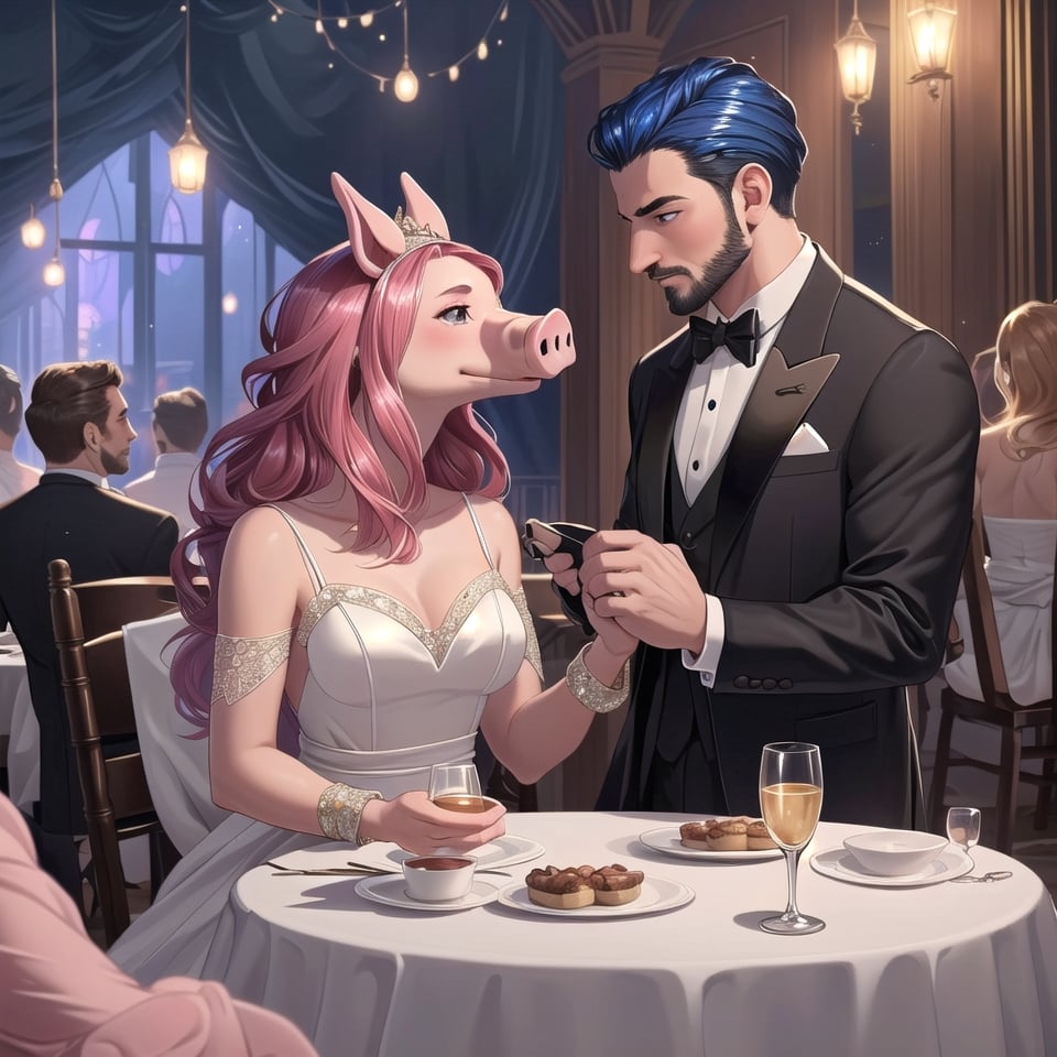 ((masterpiece, best quality, ultra detailed)), (shiny hair:1.4),(detailed description, beautiful, delicate detail,), A man wearing a tuxedo with accessories in the shape of a pig's head, a woman wearing an evening dress with a pig's head accessory, men and women chatting, the background is a party venue, the atmosphere is gorgeous, there are no human beings,