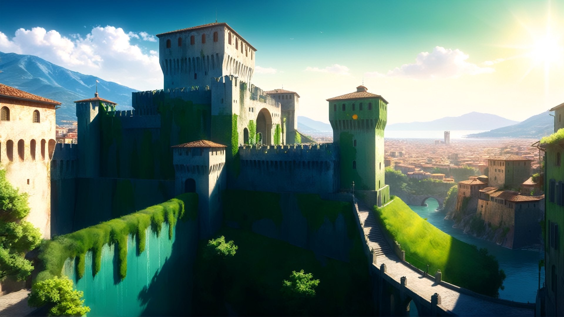 4k, masterpiece, Italian castle city, (trendwhore style:1.4), abstract art, abstract sunlight, abstract   green theme. sharp details. BREAK highest quality, detailed and intricate, original artwork, trendy, vector art, award-winning, artint, SFW, ,night city,DonMW15pXL,itacstl