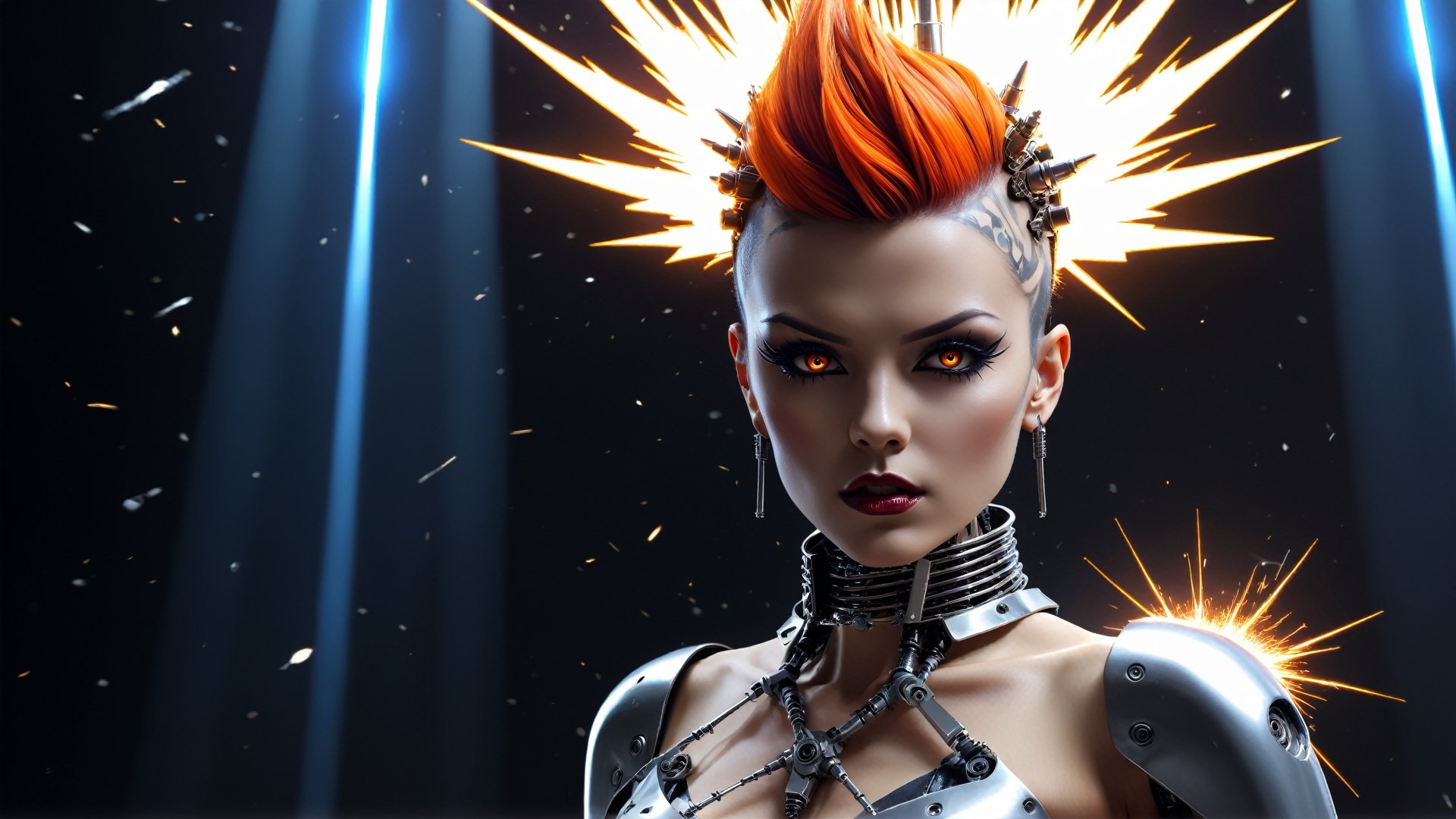 4k, masterpiece, space rays, exploding stars, bursting head, exploding head,  stainless steel exploding female gothic cyborg, metal skin, trendy gothic cyborg with mohawk, (trendwhore style:1.4), ((head of a gothic cyborg woman)), head and body, stainless steel head, mecha pieces, robot parts, shattered reality, ((bursting light rays), glowing light rays, exploding sparks, (2004 aesthetics:1.2),(beautiful vector shapes:1.3),  orange ink theme. sharp details. BREAK highest quality, detailed and intricate, original artwork, trendy, vector art, award-winning, artint, SFW, ,night city,DonMW15pXL,