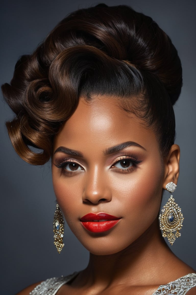 (((iconic but extremely beautiful 30 year old black woman, brunette updo hair, sfw, closeup))), (((Solid full colors))), (((Chiaroscuro darkness light background))), (((intricate details,masterpiece,best quality,hyperrealistic, photorealistic))), (((by dave carsonstyle)))