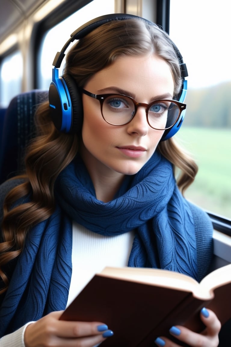  portrait of a lovely woman with brown wavy hair and stunning blue eyes, reading a book whilst riding on the train, ((she has black colored wireless headphones on)), and is wearing glasses, wearing a comfortable cotton shawl wrapped around her neck that is colored white with brown leaf patterns, she is shy and nerdy but has the facial structure of a supermodel, masterpiece, 8k, hyper detailed, 