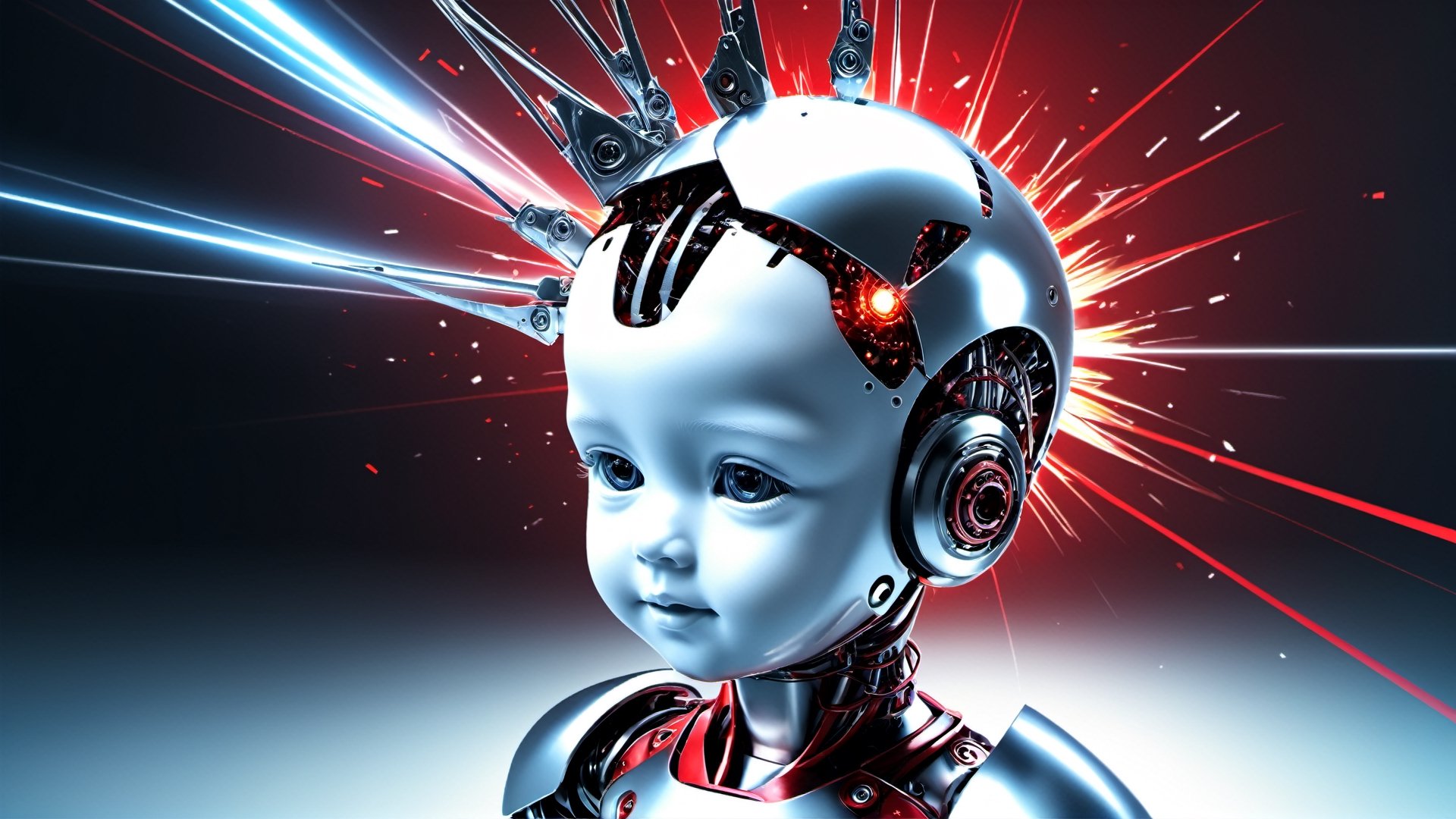 4k, masterpiece, (trendwhore style:1.4), ((head of a abstract cyborg baby)), head and body, stainless steel head, mecha pieces, robot parts, shattered reality, ((bursting light rays),   red theme. sharp details. BREAK highest quality, detailed and intricate, original artwork, trendy, vector art, award-winning, artint, SFW, ,night city,DonMW15pXL