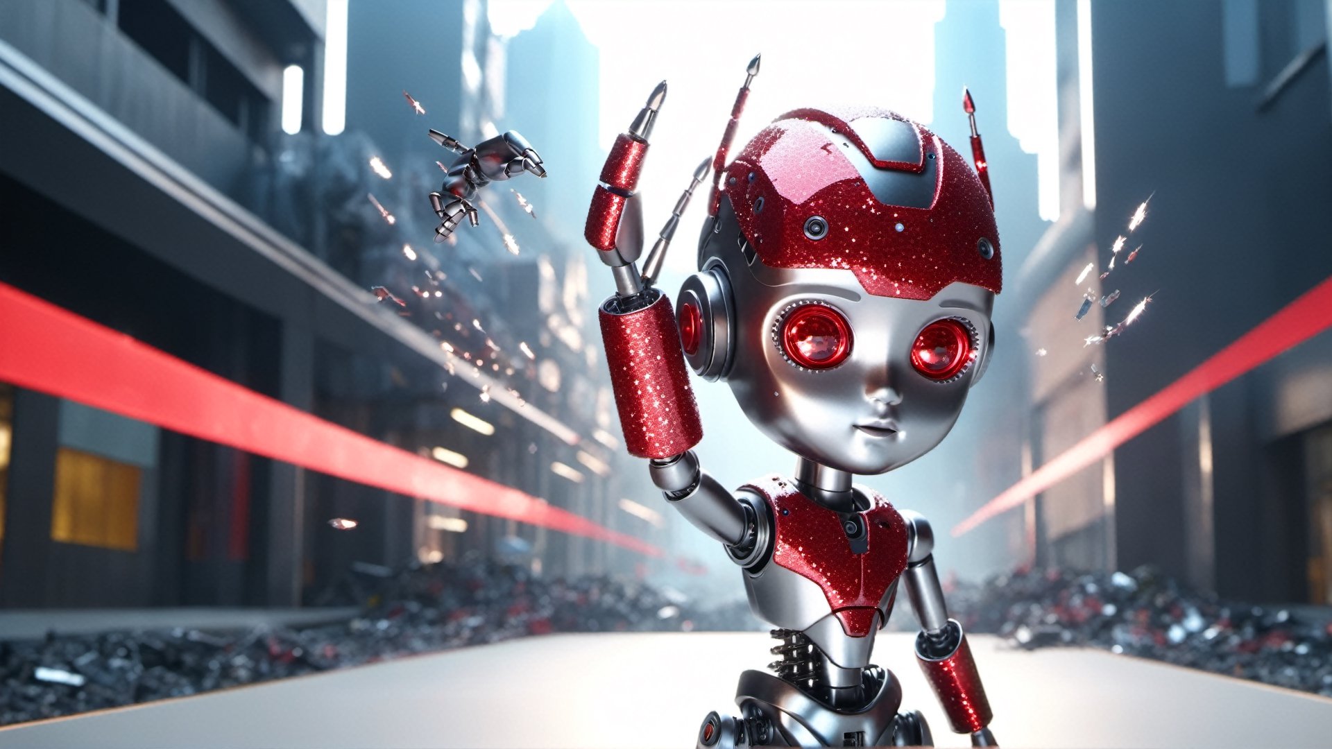 4k, masterpiece, (trendwhore style:1.4), ((abstract cyborg babies)), head and body, stainless steel head, mecha pieces, robot parts, shattered reality, ((bursting light rays),   red theme. cityscape background, artint, SFW, ,night city,DonMW15pXL,glitter,shiny