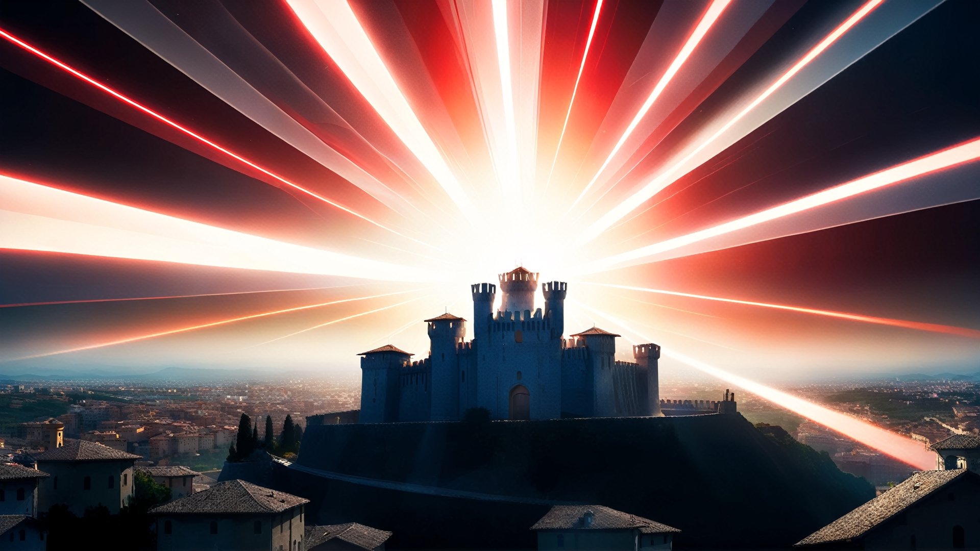 4k, masterpiece, Italian castle city, (trendwhore style:1.4), abstract art, abstract light rays, abstract  ((bursting light rays),   red theme. sharp details. BREAK highest quality, detailed and intricate, original artwork, trendy, vector art, award-winning, artint, SFW, ,night city,DonMW15pXL,itacstl