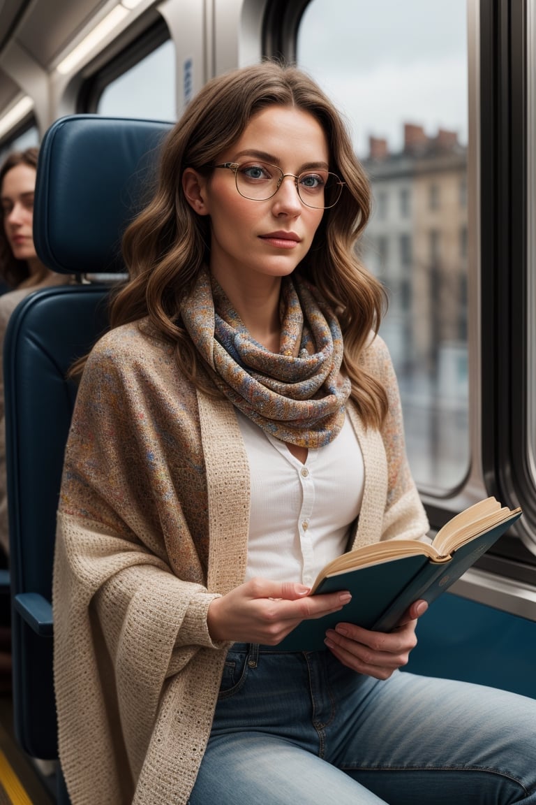 (impressionistic realism by csybgh), a portrait of a lovely woman with brown wavy hair and stunning blue eyes, reading a book whilst riding on the train, wearing glasses, wearing a comfortable cotton shawl wrapped around her neck that is colored white with brown leaf patterns, she is shy and nerdy but has the facial structure of a supermodel, masterpiece, 8k, hyper detailed, impasto painting, rough brushwork, palette knife painting, visible canvas texture