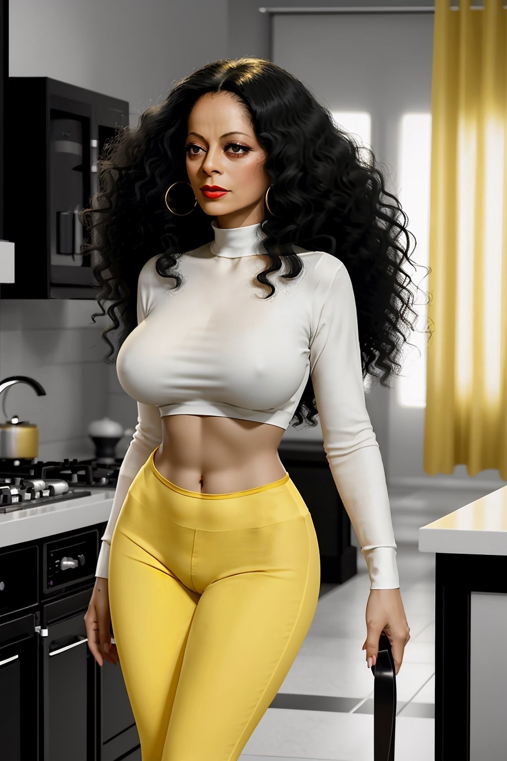 (((diana ross, very young))), ((30 years old)), facing forward, masterpiece, best quality, 8k, photorealistic, full frontal very young Diana Ross, perfect makeup, (red lipstick), (yellow pants, white top), kitchen, perfect waist, perfect hips, smiling, light skin, jet black blue hair, long wavy hair, athletic, happy, tall, leggy, sexy, graceful body profile, full shot, short lighting, looking at viewer, bright colors, eye reflections, pelvis tilt, p3rfect boobs,hourglass body shape, wide hips