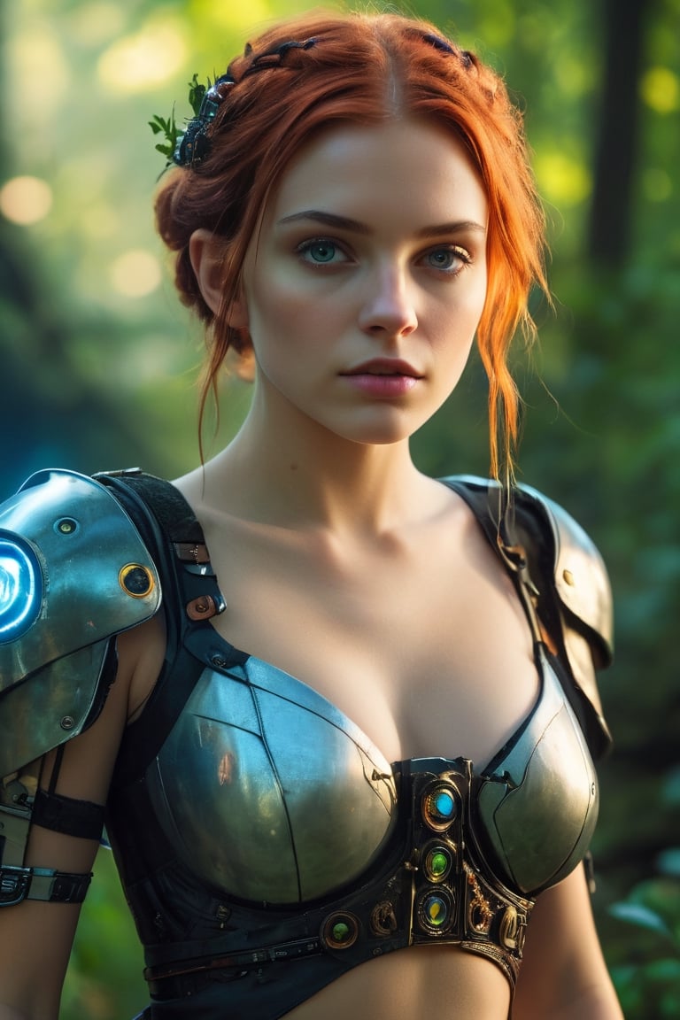 dslr photo of a girl in a fusion of medieval and cyberpunk elements, medium breast, with a mix of technology and nature, (highres, highly detailed:1.2), cinematic lighting, vibrant colors