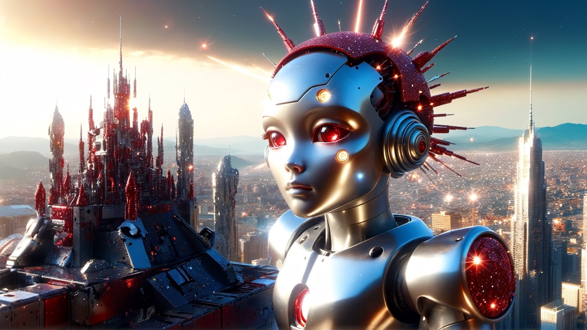 4k, masterpiece, ((space castle)), (trendwhore style:1.4), ((abstract cyborg babies)), head and body, stainless steel head, mecha pieces, robot parts, shattered reality, ((bursting light rays), exploding star rays,  red theme. cityscape background, artint, SFW, ,night city,DonMW15pXL,glitter,shiny,itacstl