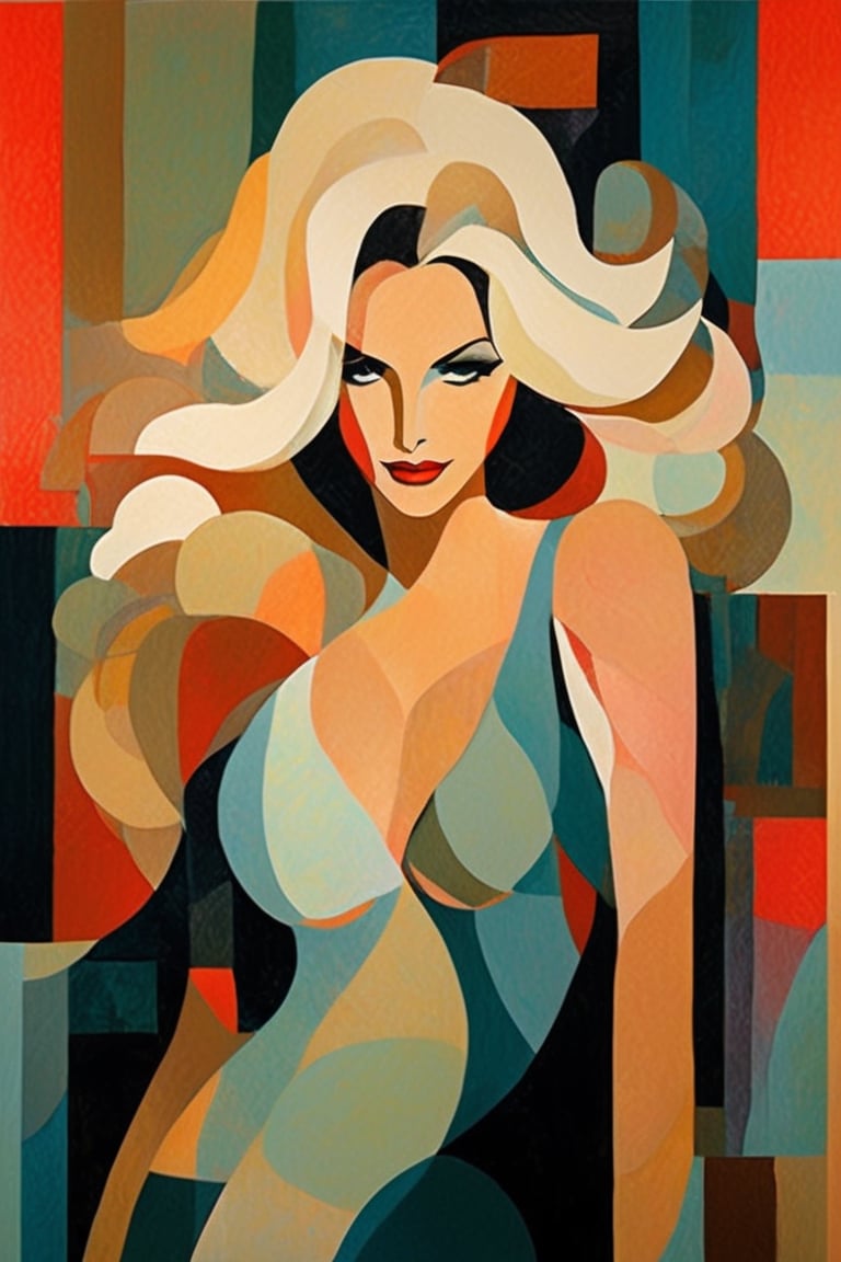 beautiful abstract mature woman 40 years, with blonde hair, head to thigh view, asimetric hair, rose lipstick, full lips, alluring, portrait by Izumi Kogahara, illustrative art, detailed, more Flowing rhythm, elegant, low contrast, add soft blur with thin line, dynamic pose, abstract design, Frutiger Metro/Trendwhore illustration of beautiful woman, large breast, (wearing a low cut t-shirt showing cleavage: full body view, (smirky smile),(sensually morbid gaze:1.3), (creative background:1.3), soft bounced lighting, eye level.  (colorful minimalistic style:1.3), ,(beautiful vector shapes:1.3), (Bauhaus aesthetics:1.4), sharp details, muted colors.  jclive9:1.1. muted colors, (photorealistic:1.3), highest quality, detailed and intricate, original shot, more detail,masterpiece,Leonardo ,warrior toned abs, head to thigh view, (((hourglass body shape, slender))), crotch gap,DonM0ccul7Ru57XL,p3rfect boobs,cleavage