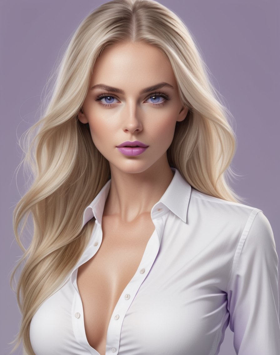 Photorealistic intricate 8k, centered, Masterpiece, slender, 30 years old, lavender eyes, a beautiful woman, wearing white shirt, white pants, facing viewer, huge breast, long straight blonde hair, light lavender lipstick, no background