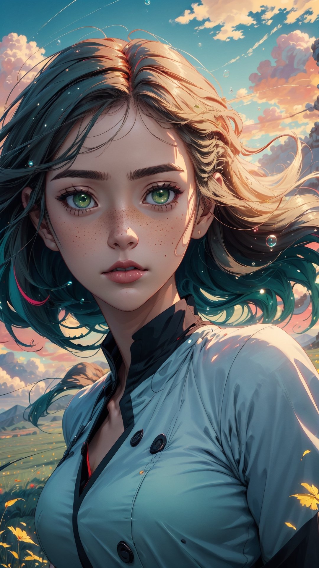 ((masterpiece)), (best quality), (cinematic), a woman in a long white dress, running through an open field, long hair, bangs, voloptuous, green eyes, freckles on her cheeks, wind, detailed face, detailed body, red and gray sky, glow, clouds, vegetation, green plains, floating bubbles, (cinematic, colorful), vast field, (extremely detailed), inspired by Studio Ghibli, EpicSky, cloud, sky, highly detailed, detailed face