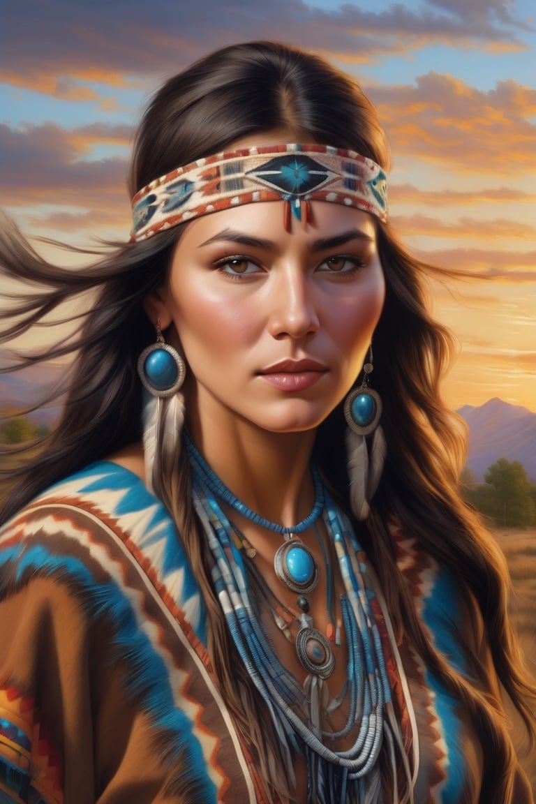 beautiful cherokee woman with the wind blowing her hair, intricate native american ethnic clothing, 8k, flawless masterpiece, airbrushed, hyperdetailed face, hyperdetailed eyes, 