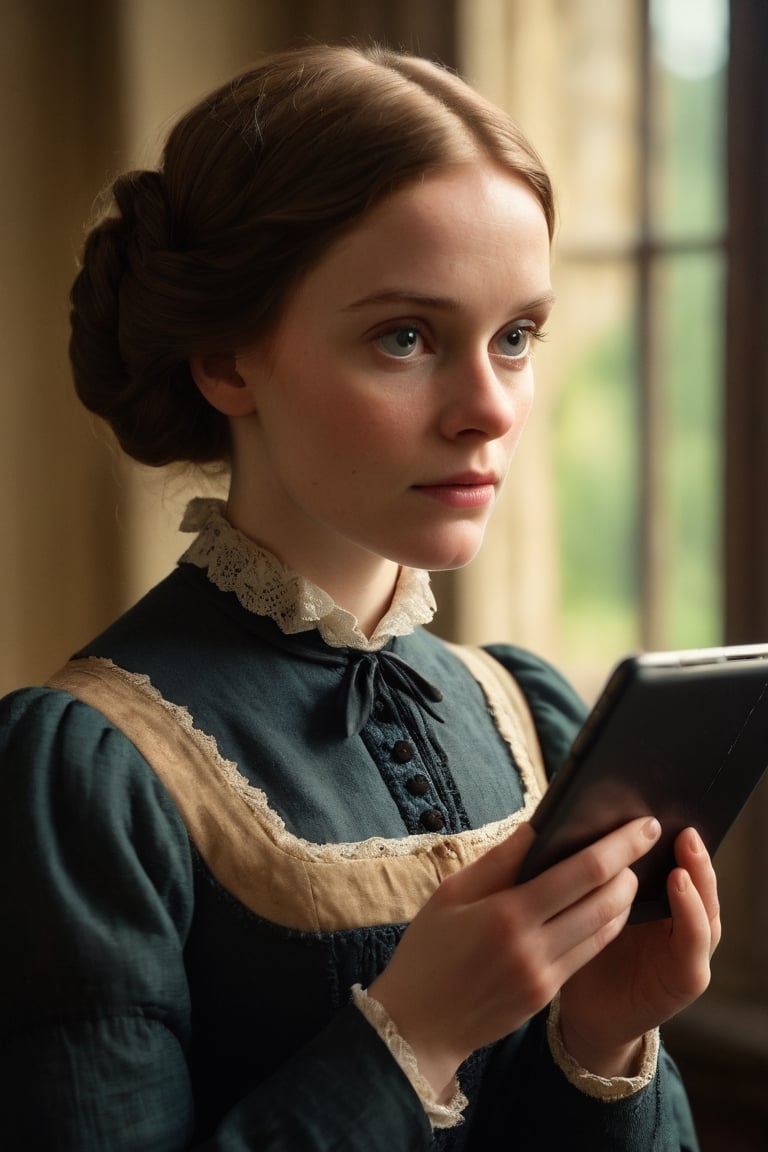 Jane Eyre using a tablet, natural skin texture, 24mm, 4k textures, soft cinematic light, adobe lightroom, photolab, hdr, intricate, elegant, highly detailed, sharp focus, ((((cinematic look)))), soothing tones, insane details, intricate details, hyperdetailed, low contrast, soft cinematic light, dim colors, exposure blend, hdr,