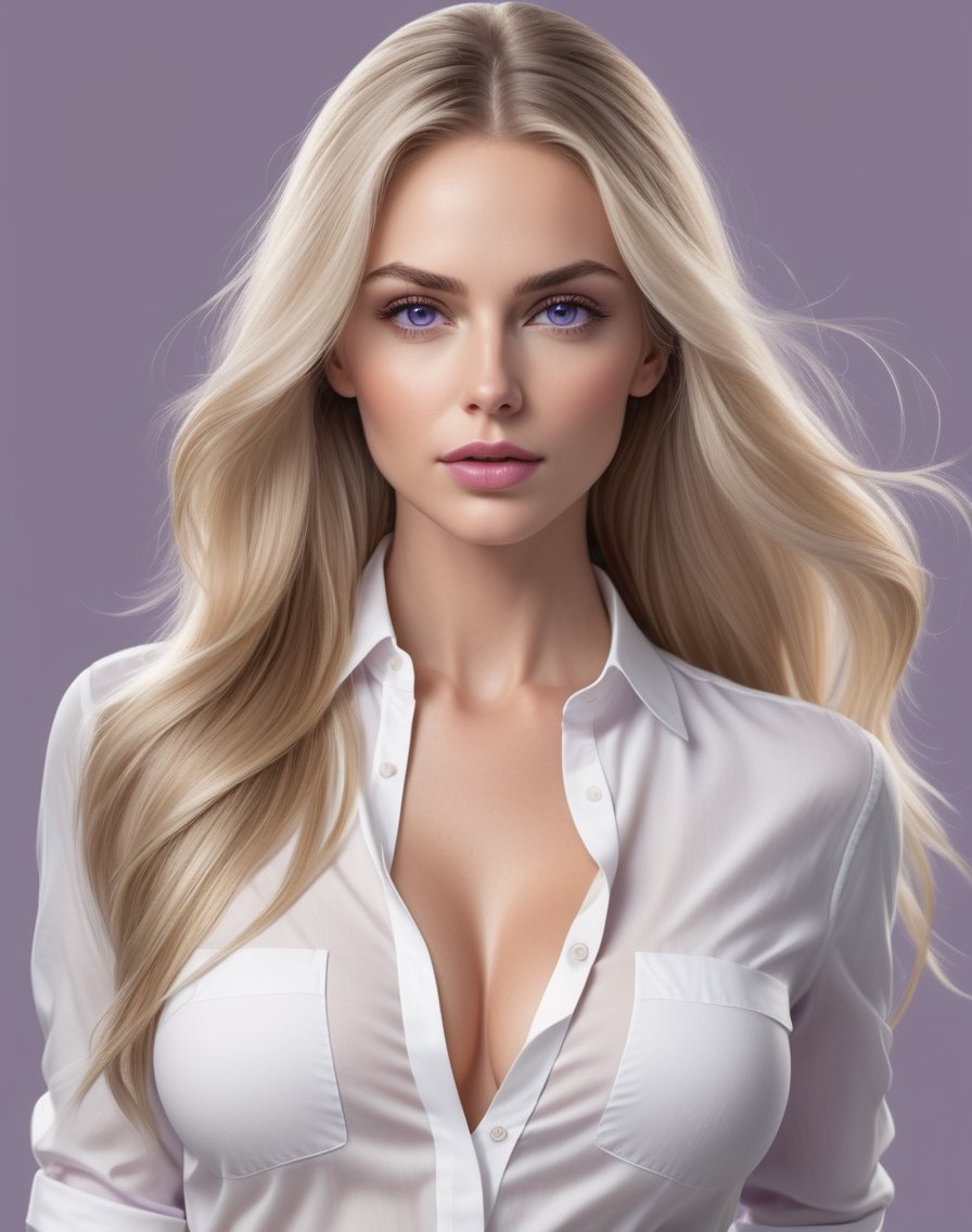 Photorealistic intricate 8k, centered, Masterpiece, slender, 30 years old, lavender eyes, a beautiful woman, wearing white shirt, white pants, facing viewer, huge breast, long straight blonde hair, light lavender lipstick, no background