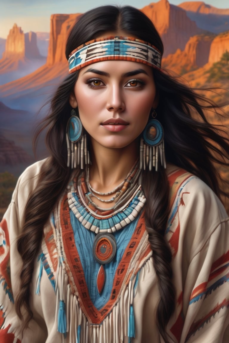 beautiful cherokee woman with the wind blowing her hair, intricate native american ethnic clothing, 8k, flawless masterpiece, airbrushed, hyperdetailed face, hyperdetailed eyes, 