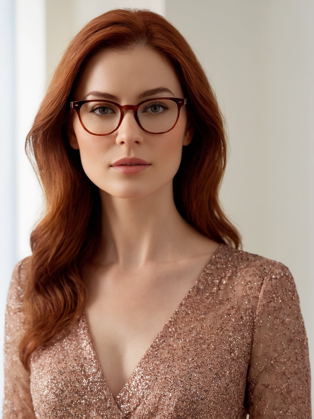 photo r3al, photorealistic, masterpiece, hyperdetailed photography, solo female, glasses, doctor, 30 years old, best quality, 8k, ultra quality, ultra detailed, closed mouth, warm lighting, soft lighting, (closeup), looking_at_viewer, facing viewer, front_view, red-brown hair, slightly freckled, glasses, consulting room, daylight,WEARING HAUTE_COUTURE DESIGNER DRESS