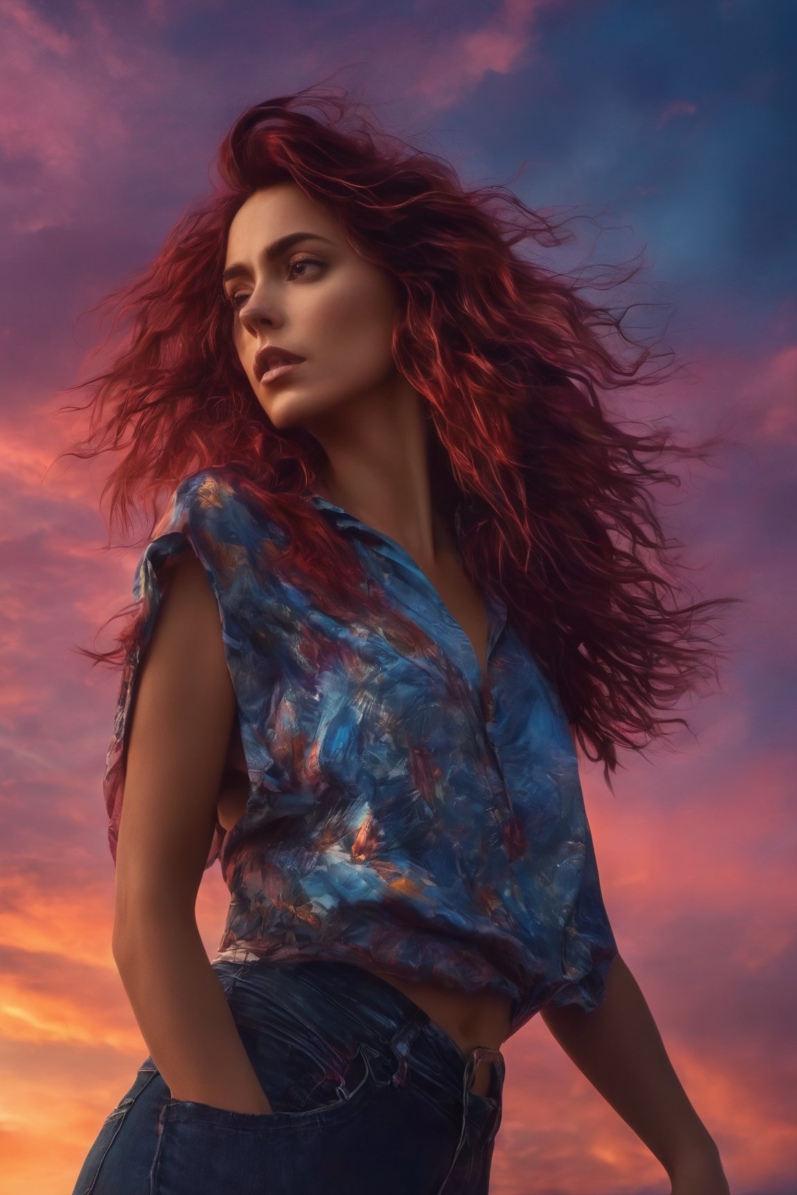 best quality, 4k, highres, masterpiece, ultra-detailed, realistic, HDR, woman, looking at the sky, sunset, outdoor dark red and blue and purple sky, messy hair, cleavage, dynamic angle,  facing the viewer,