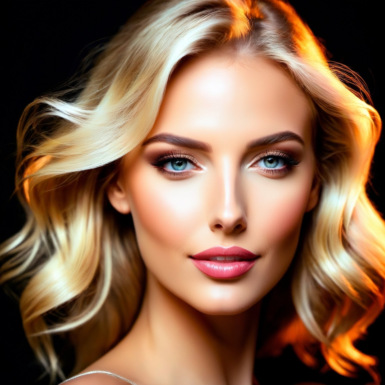 Light Projection,a portrait of a woman painted, stunning beauty,soft light, dark colors,line art,simple background,modernism, Looking at viewer, beautiful eyes, beautiful face, happy mood, glowing lips, light smile, makeup, beautiful makeup, glowing lips,  beautiful hair, blonde hair,