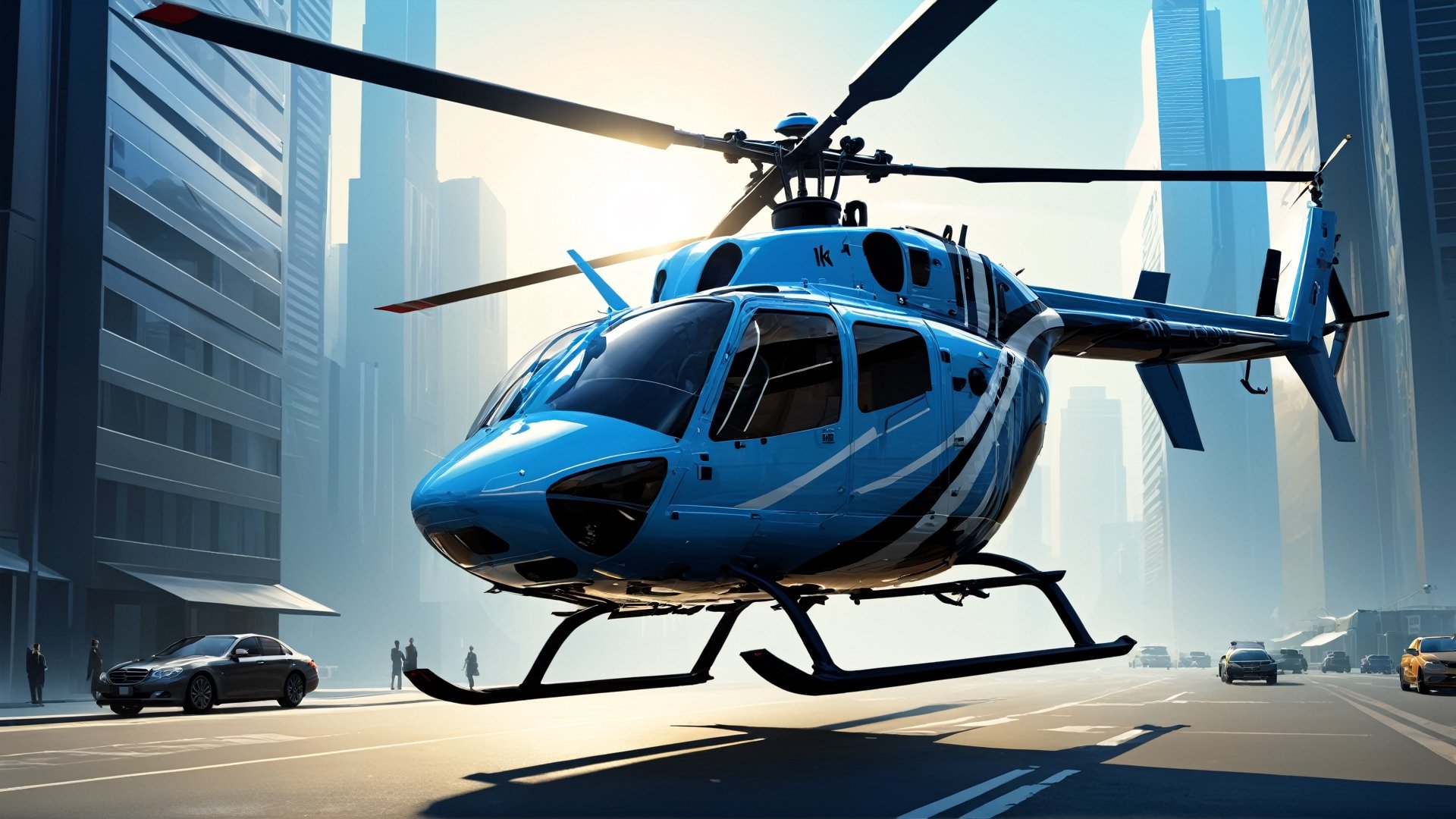 4k, masterpiece, abstract helicopter, (trendwhore style:1.4), abstract art, abstract sunlight, abstract   blue theme. cityscape background, sharp details. BREAK highest quality, detailed and intricate, original artwork, trendy, vector art, award-winning, artint, SFW, ,night city,DonMW15pXL,