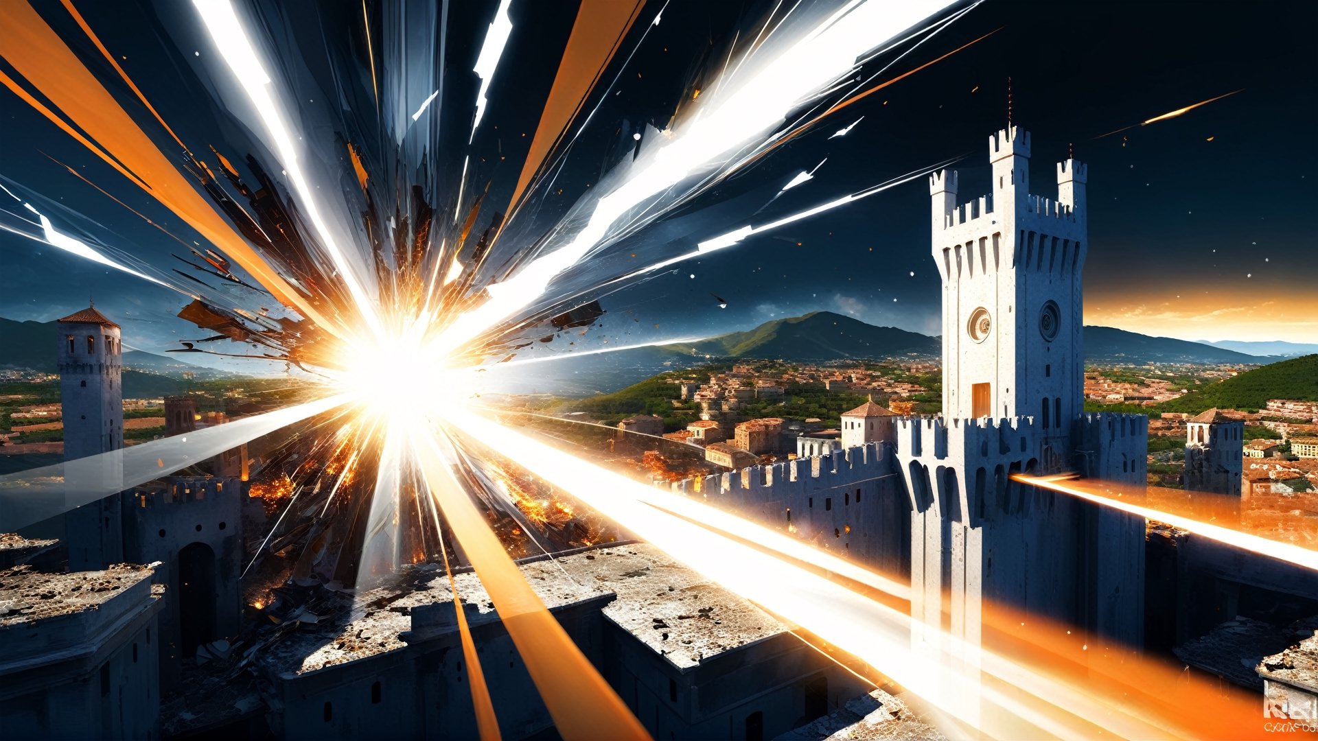 4k, masterpiece, Italian castle city, (trendwhore style:1.4), ((bursting abstract lightwaves)), abstract art explosion, abstract light rays, abstract mecha pieces, robot parts, shattered reality, ((bursting light rays),   orange theme. sharp details. BREAK highest quality, detailed and intricate, original artwork, trendy, vector art, award-winning, artint, SFW, ,night city,DonMW15pXL,itacstl