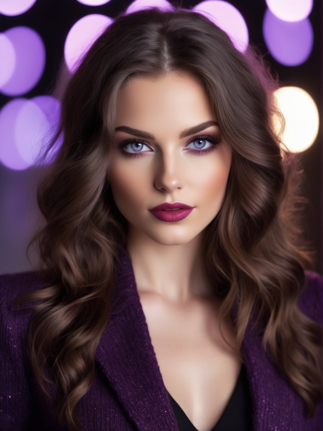 Create a realistic photo of beautiful woman facing the viewer. long brunette wavy hair, lavender eyes, long lashes , light red lips, light make up,. wearing dark lavender blazer, black knit sweater. blurred lights. ((((closed mouth)))), 