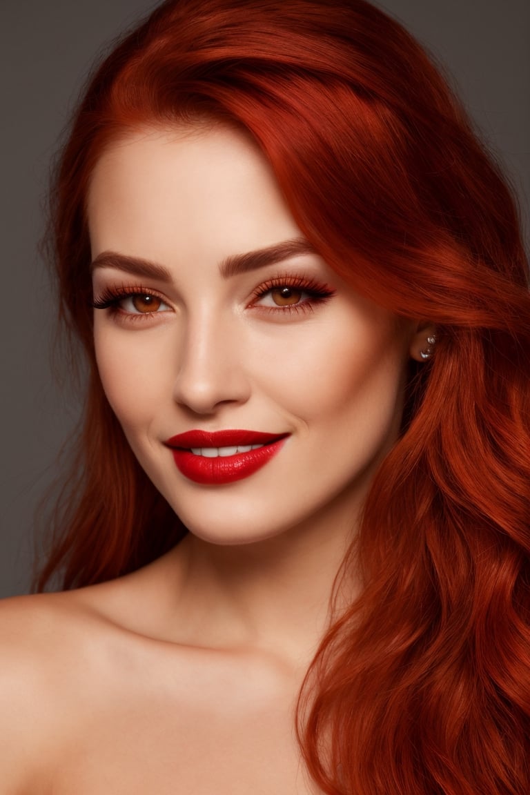 ((nsfw)), ((red hair, long flowing)), ((head to thigh shot)), ((20 years old)), young woman,portrait,raw photo,8k,realistic skin details,realistic hair details,makeup,eyeliner,lipstick,light red lips:1.0, eyeliner:0.9,wrinkles, fine lines, hyperpigmentation, pores, uneven skin tone, perfectly smooth skin, realistic skin texture, details, , hyperpigmentation, hair details,smile:0.3,realistic eyelashes, realistic eyebrows