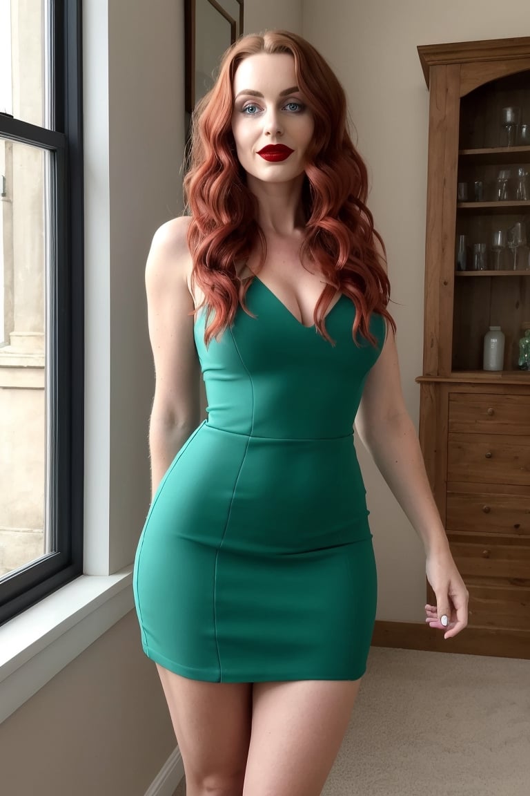 woman, standing, green dress, red hair, red lipstick, light makeup, beautiful hair, long hair, looking at viewer, 30 years old